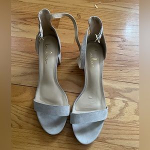 Light grey suede ankle strap heels size 11